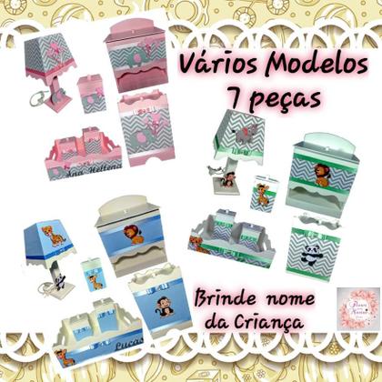 Imagem de Kit de Higiene de bebê Mdf quarto menina 7 pçs - JARDIM BRANCO FLORIDO E PEROLAS TAMPAS ROSA