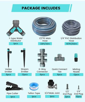 Imagem de Kit de irrigação por gotejamento OVRAQ 70m PE PVC Mangueira 3 bicos