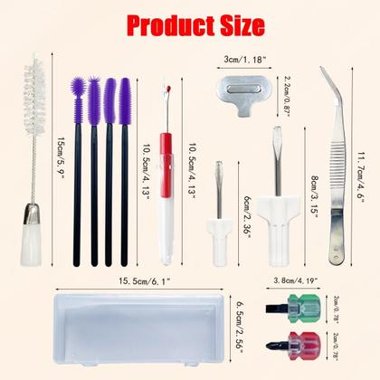 Imagem de Kit de Limpeza e Reparo para Máquina de Costura - 21 Peças, Inclui Pinças, Escova de Duas Cabeças, Chave de Fenda, Cortador de Costura, Escova de Silicone e Caixa de Armazenamento Transparente