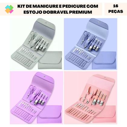 Imagem de Kit de Manicure e Pedicure em Inox com Estojo Dobrável Premium (16 peças)