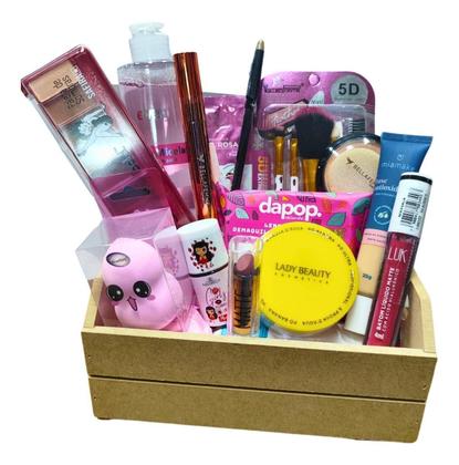 Imagem de Kit De Maquiagem Cesta Mdf Batom Base Pó Compacto Pele Clara