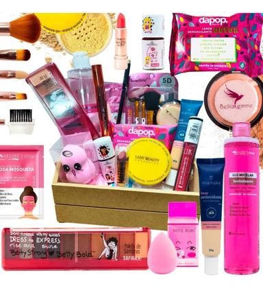 Imagem de Kit De Maquiagem Cesta Mdf Batom Base Pó Compacto Pele Clara