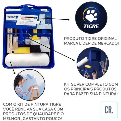 Imagem de Kit de Pintura Tigre Com 10 Peças Multiuso Profissional Para Pintar Paredes e Tetos Kit Para Pintor Pintar Casa Rolo de Pintura Pincel Espátula