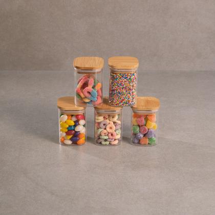 Imagem de Kit de Pote Hermético de Vidro Quadrado com Tampa de Bambu 5 Peças - Oikos