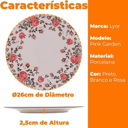 Imagem de Kit de Pratos Rasos de Porcelana Pink Garden 26cm 6 peças - Lyor