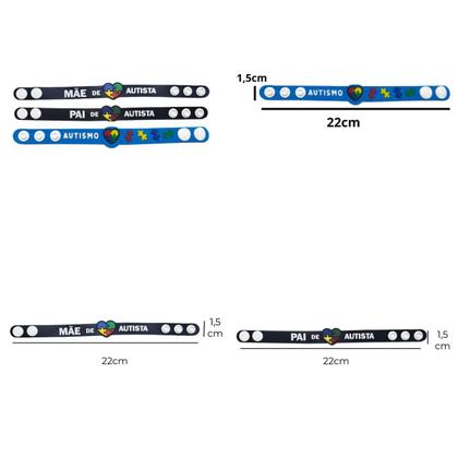 Imagem de Kit de pulseiras emborrachadas com regulagem pai mãe filho autismo autista
