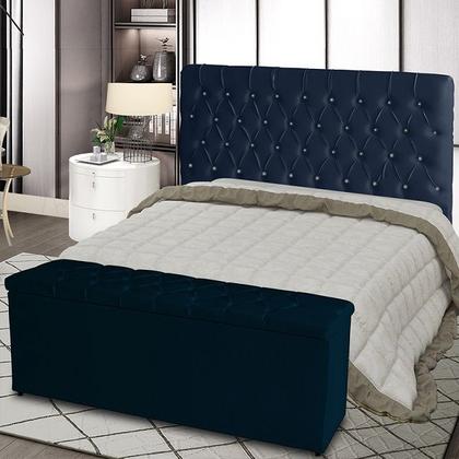 Imagem de Kit De Quarto Cabeceira De Cama Box e Calçadeira Baú Bella Casal 140 cm Suede Botão Strass Azul Marinho Eli Móveis e Dec