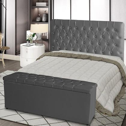 Imagem de Kit De Quarto Cabeceira De Cama Box e Calçadeira Baú Bella Casall Queen 160 cm Suede Botão Strass Grafite Ec Móveis