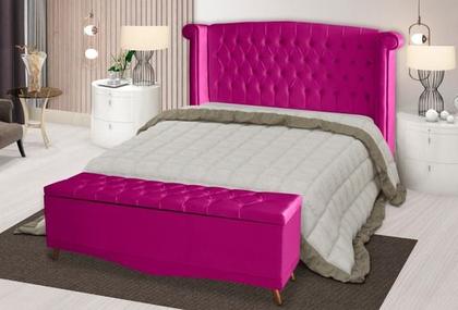 Imagem de Kit De Quarto Cabeceira De Cama Box e Calçadeira Baú Toquio Casal 140 cm Suede Rosa Pink Ec Móveis