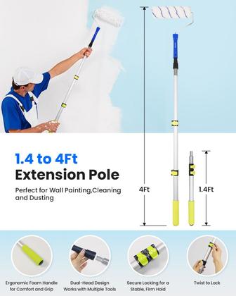 Imagem de Kit de Rolo de Pintura Rymtox 33 Peças, cabo extensível 43 a 122 cm, rolos de 23 cm e 10 cm