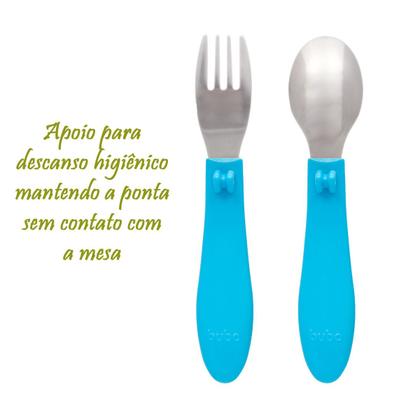 Imagem de Kit de Talheres para Bebê com Garfo e Colher Aço Inox Bubazoo Introdução Alimentar com Descanso Higiênico Buba