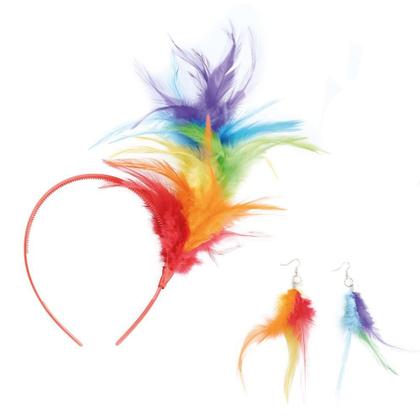 Imagem de Kit de Tiara com Brincos Feitos de Pena Arco Iris Colorido tema LGBT 2 Peças