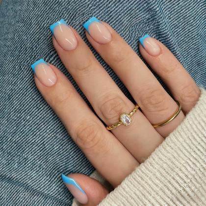 Imagem de Kit de Unhas Postiças SXVME Quadradas Curtas com Ponta Francesa Azul Bebê
