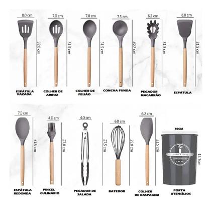 Imagem de Kit de Utensílios para Cozinha 12 Peças Jogo Completo de Silicone e Cabo Madeira com Porta Utensílio