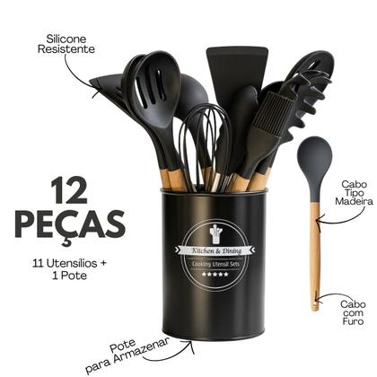 Imagem de Kit de Utensílios para Cozinha 12 Peças Jogo Completo de Silicone e Cabo Madeira com Porta Utensílio