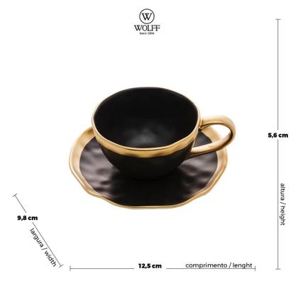 Imagem de Kit De Xícaras De Chá Com Pires 200ml Preto E Dourado Com 4 Unidades