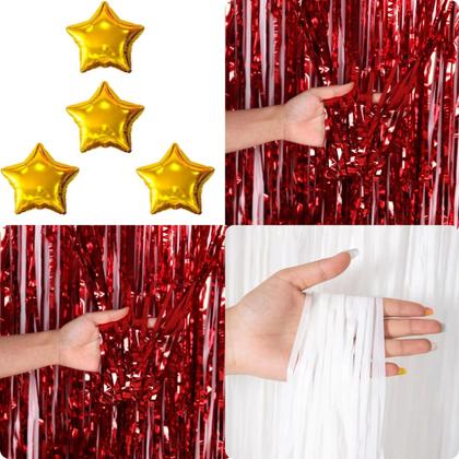 Imagem de Kit decoração de FESTA Internacional 3 Cortinas Metalizada + 4 balões estrela Dourado 9" 21cm.Aniversário