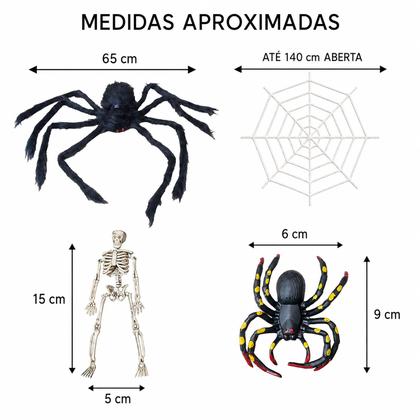 Imagem de Kit Decoração Halloween Aranha Peluda Gigante 65 cm + Teia + Esqueleto + Aranha