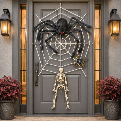Imagem de Kit Decoração Halloween Aranha Peluda Gigante 65 cm + Teia + Esqueleto + Aranha