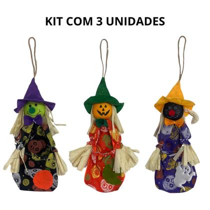 Imagem de  Kit decoração halloween bruxa gato preto abóbora enfeite para pendurar - 3 unidades