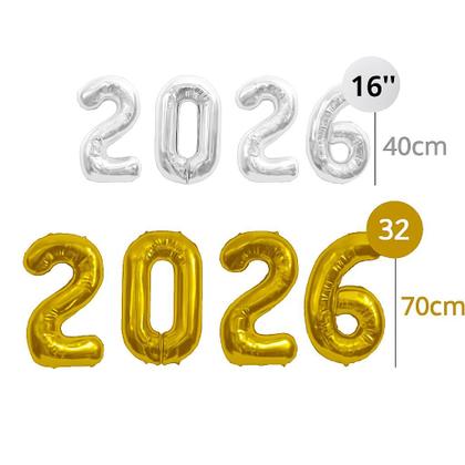 Imagem de Kit Decoração Réveillon 2026 c/ 2 Cortinas Metalizadas 1x2m, 2026 e 2 Balões Taça e Champanhe, Festa, Eventos