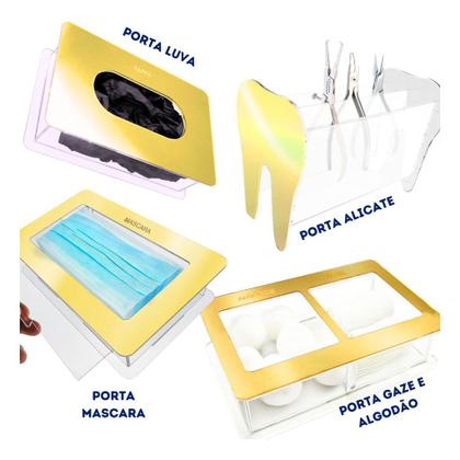 Imagem de Kit Dentista Porta Alicate Gaze Algodão Mascara Luva Dourado Odontológico Clinica Suporte Limpeza De