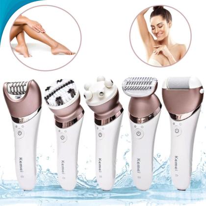 Imagem de Kit Depilador Kemei 8001 Rosa/Branco Recarregável 5em1