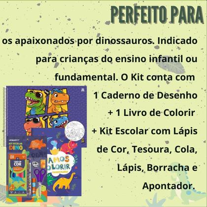 Imagem de Kit Desenho Dinossauros com Caderno Grande Capa Dura + Livro de Colorir + Kit Escolar Temático 7pcs