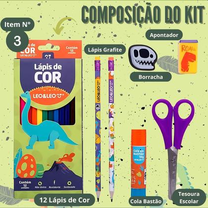 Imagem de Kit Desenho Dinossauros com Caderno Grande Capa Dura + Livro de Colorir + Kit Escolar Temático 7pcs
