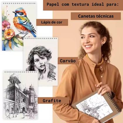 Imagem de Kit Desenho Profissional Completo com Lápis 12 Grafite Caderno Sketchbook 3 Lápis Carvão Branco para Realismo Artístico -