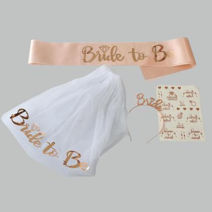 Imagem de Kit Despedida de Solteira Bride to Be com Véu, Faixa , Tiara e Tatuagem