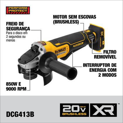 Imagem de Kit DeWalt DCG413B-B2  Esmerilhadeira Angular 20V Brushless + Bateria 4Ah DCB204-B3 + Carregador