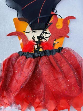 Imagem de Kit Diabinha Vermelho Fantasia Cetim Festa/ Carnaval ( Tiara +Asa+ Saia+Cetro) Menina 4 ao 8 anos