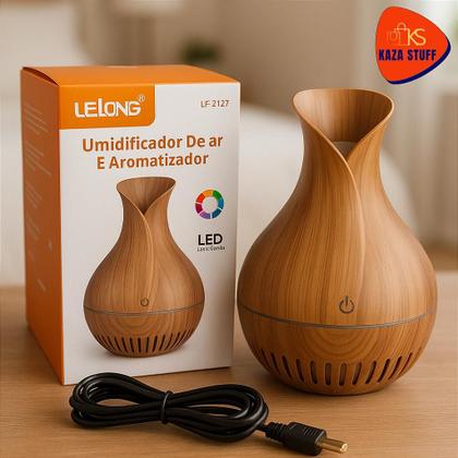 Imagem de Kit Difusor aromatizador e umidificador de ambientes edição madeira +3 essências e função de cromoterapia 200ml