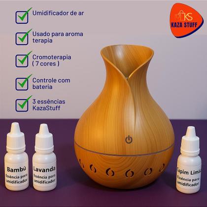 Imagem de Kit Difusor aromatizador e umidificador de ambientes edição madeira +3 essências e função de cromoterapia 200ml