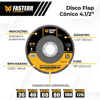 Imagem de Kit Discos Flap Grão 60 Aço Cônico 4.1 2 Fasterr FSTC07