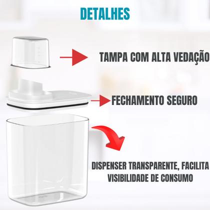 Imagem de Kit Dispenser Acrílico Premium Lavanderia Com Tampa Medidora 1,5L  2,3L Amaciante Sabão Líquido/Em Pó  Monte Seu Kit