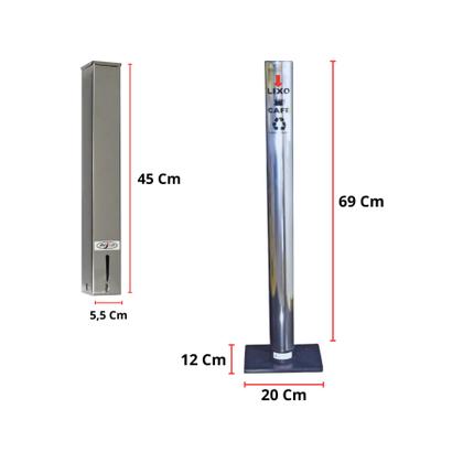 Imagem de Kit Dispenser Inox Quadrado Porta Copo Descartável Café 50ml + Coletor Inox