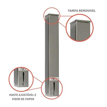 Imagem de Kit Dispenser Inox Quadrado Porta Copo Descartável Café 50ml + Coletor Inox