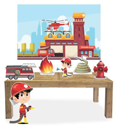 Imagem de Kit Display Festa Bombeiro Cabelo Preto Com 6 Peças + Painel