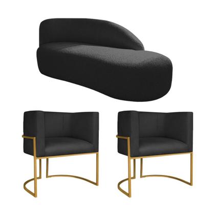 Imagem de Kit Divã Luna 185cm Lado Direito e 02 Poltronas Base de Ferro Dourado Suede Preto