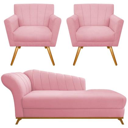 Imagem de Kit Diva Recamier Vanessa 140cm Lado Direito e 02 Poltronas Laura Suede Rosa Bebê - Amarena Móveis