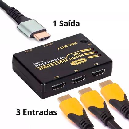 Imagem de Kit Divisor Switch HDMI com Cabo HUB 3x1 4K Chaveador Controle Remoto