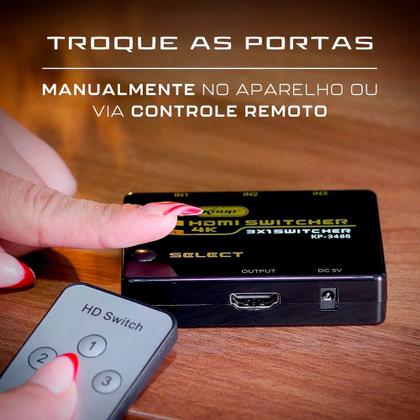 Imagem de Kit Divisor Switch HDMI com Cabo HUB 3x1 4K Chaveador Controle Remoto