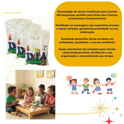 Imagem de Kit Doces Sortidos Dia das Crianças p/ Montar 100 Saquinhos