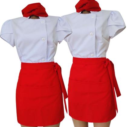 Imagem de Kit Dólmã Feminino Branco Chef Tecido Gabardine Macio, Avental e Faixa de Cabelo Vermelho Elegante