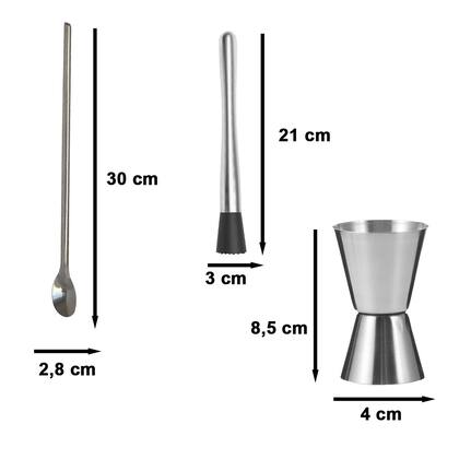 Imagem de Kit Dosador Drink Jigger De Bebidas Colher Bailarina Socador Caipirinha Bar Bartender Barman Inox