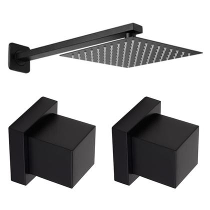 Imagem de Kit Ducha Chuveiro Slim Quadrado 20x20cm Inox 304 Preta com Braço + Acabamento de Registro para Chuveiro Preto 
