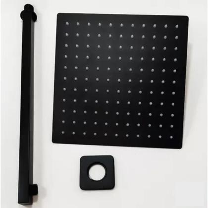 Imagem de Kit Ducha Chuveiro Slim Quadrado 20x20cm Inox 304 Preta com Braço + Acabamento de Registro para Chuveiro Preto 