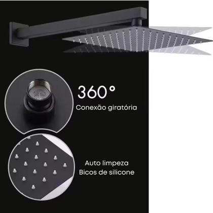 Imagem de Kit Ducha Quadrada 20x20 Slim Ultra Fino Gás Solar Piscina de teto com 2 Acabamentos para Registro base padrão Deca Alavanca de 1/2 ou 3/4 Preto Fosco